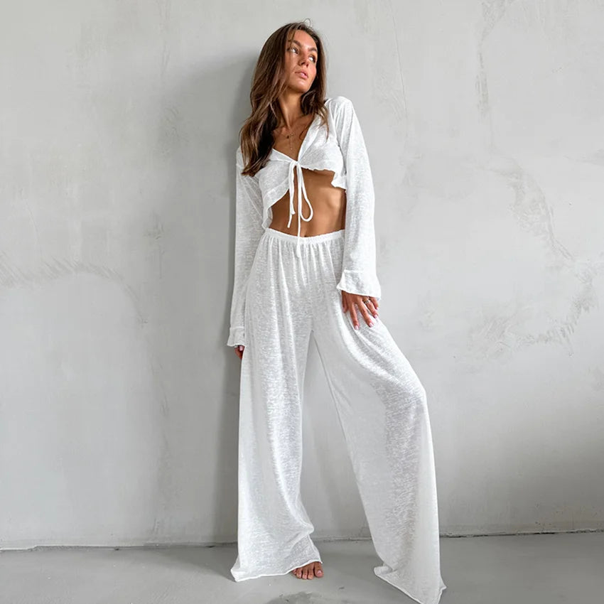 KAELAH Laidy Sexy V-Neck Knitted Thin Trousers Pajamas Women Casual Lace-Up