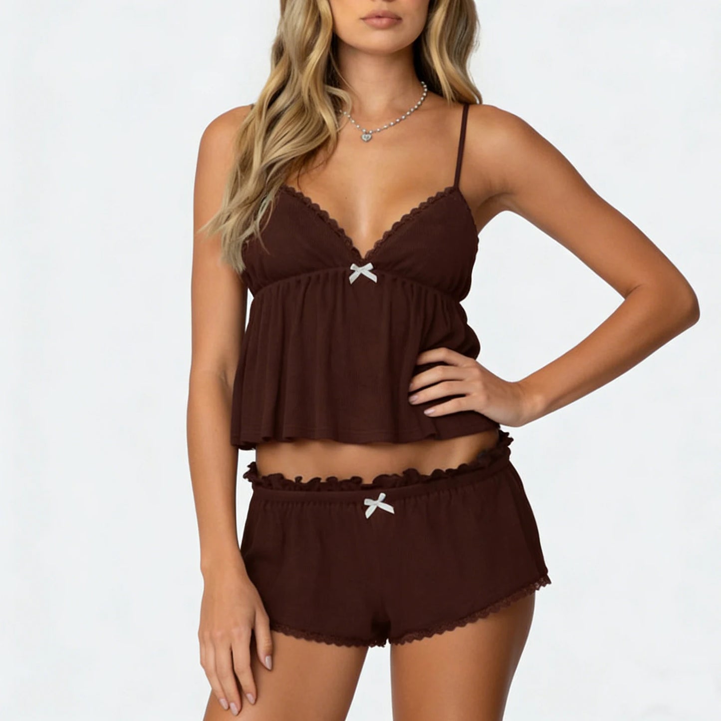 KAELAH Summer Pajamas Set Stylish Embroidery Lace Trim Camisole Tops