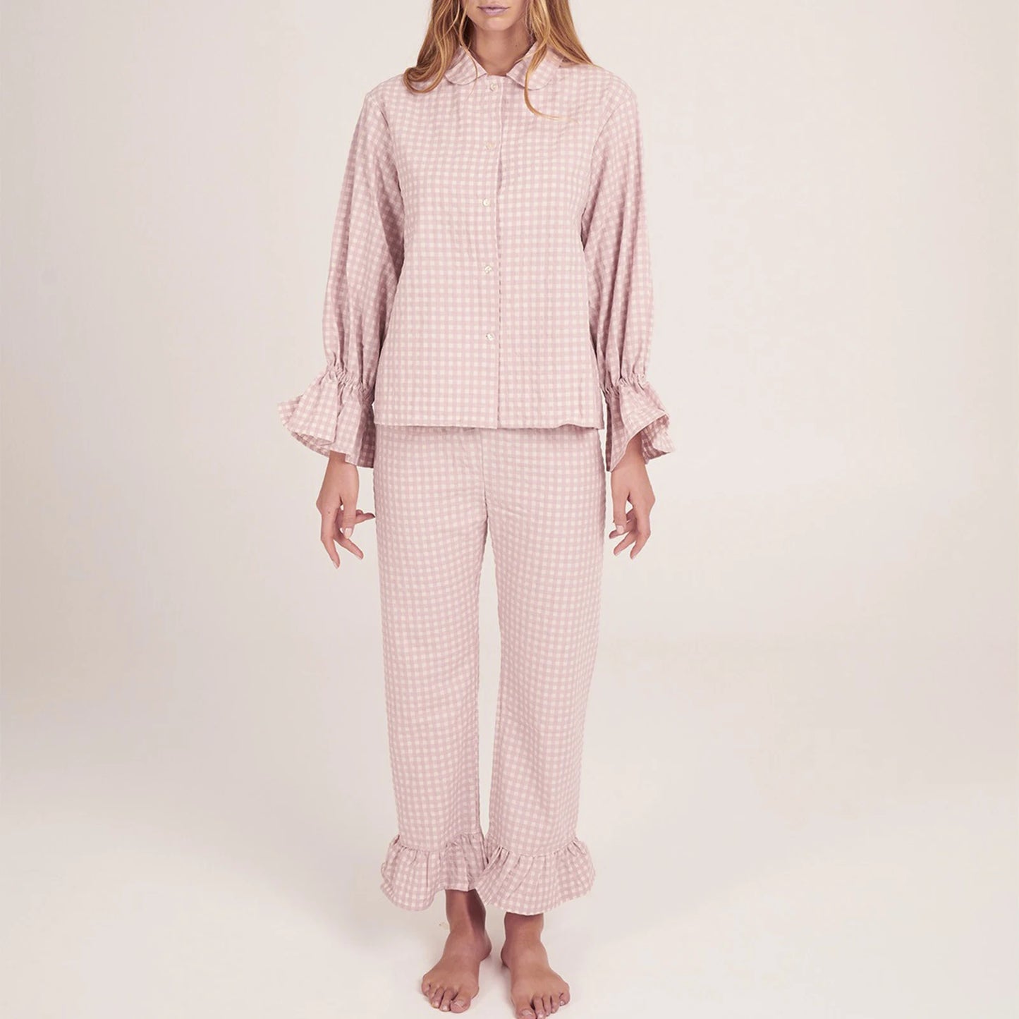 KAELAH Women Y2k Pajama Set Plaid Flare Cuff Long Sleeve