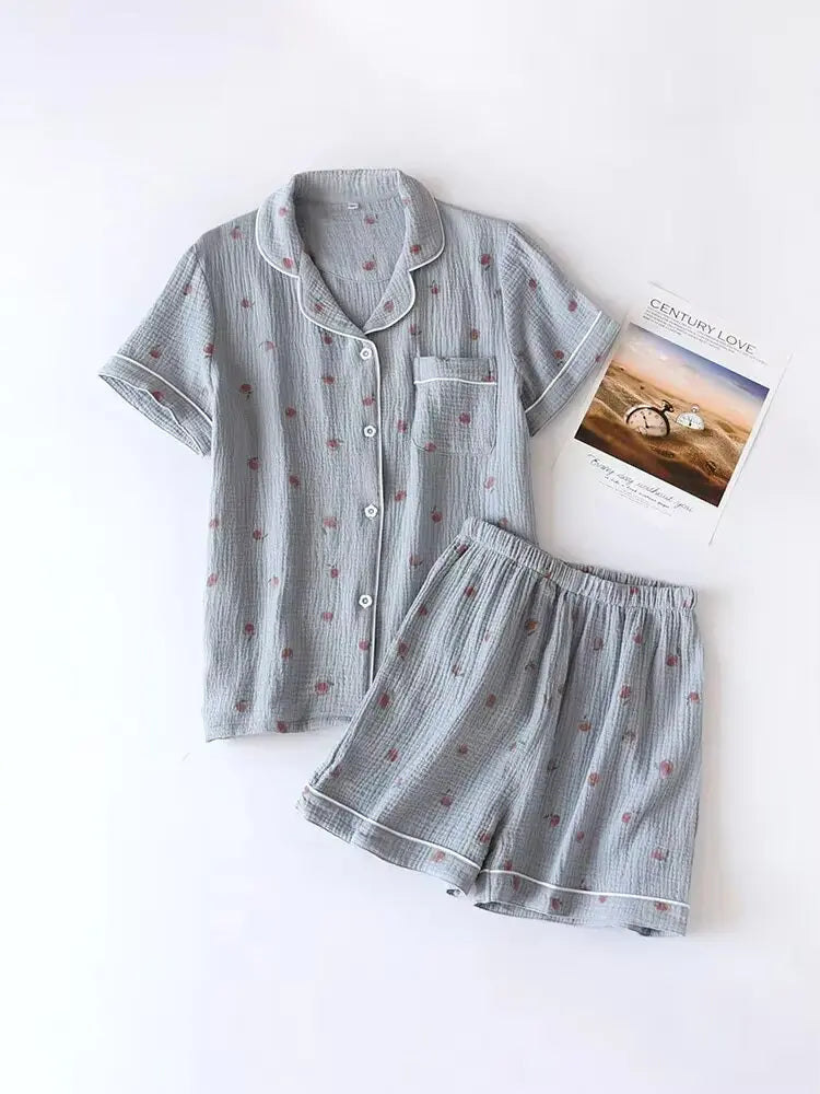 KAELAH Summer Ladies Short-sleeved Shorts Pajamas Set 100% Cotton Crepe Cloth Thin