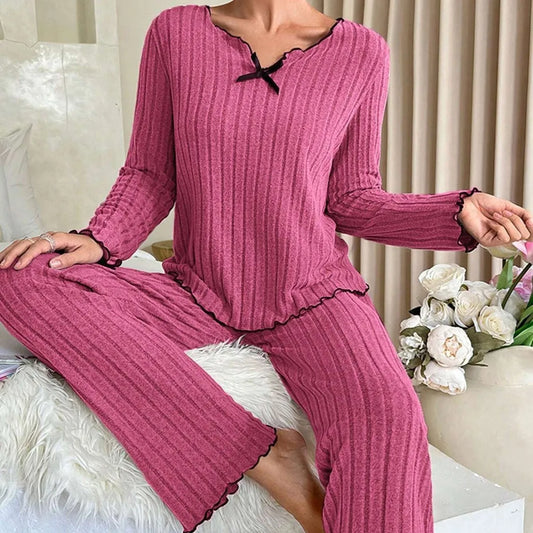 KAELAH Sleepwear Ribbed Pajamas Set Long Sleeve Top and Long Pants