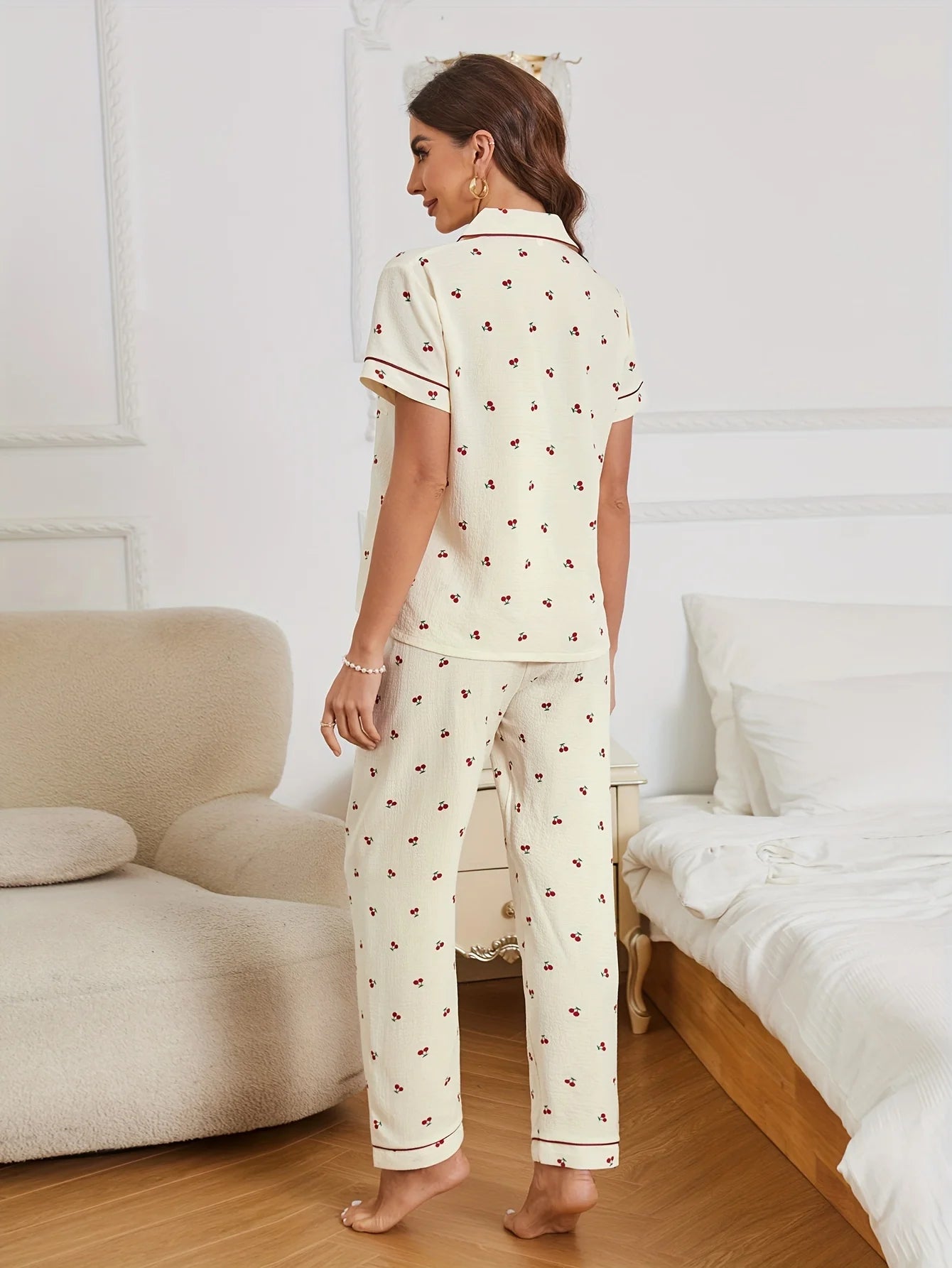 KAELAH Cherry Print Textured Pajama Set Casual Short Sleeve Buttons Lapel