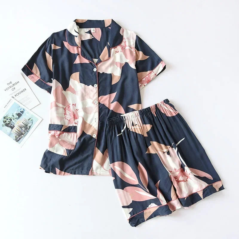 KAELAH cute cartoon floral viscose fiber pajamas two-piece long-sleeved home cotton