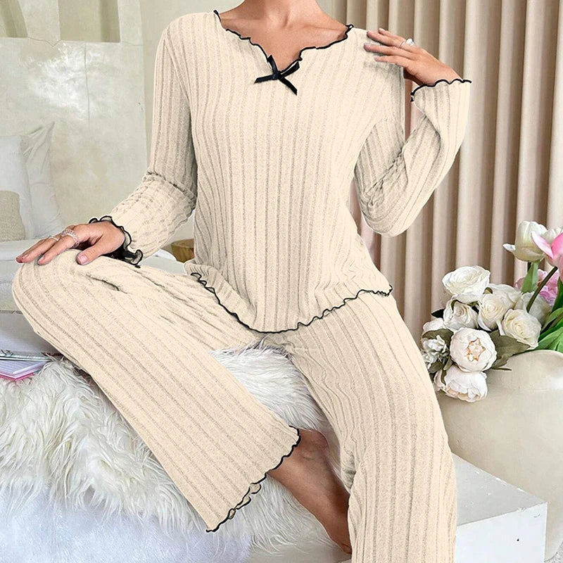 KAELAH Feminine Autumn Winter Sleepwear Ribbed Pajamas Set Long Sleeve Top
