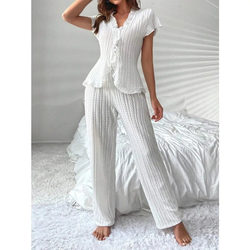 KAELAH's Sexy Lace Up Pajamas Set Short Sleeve Top And Long Pants Sleepwear
