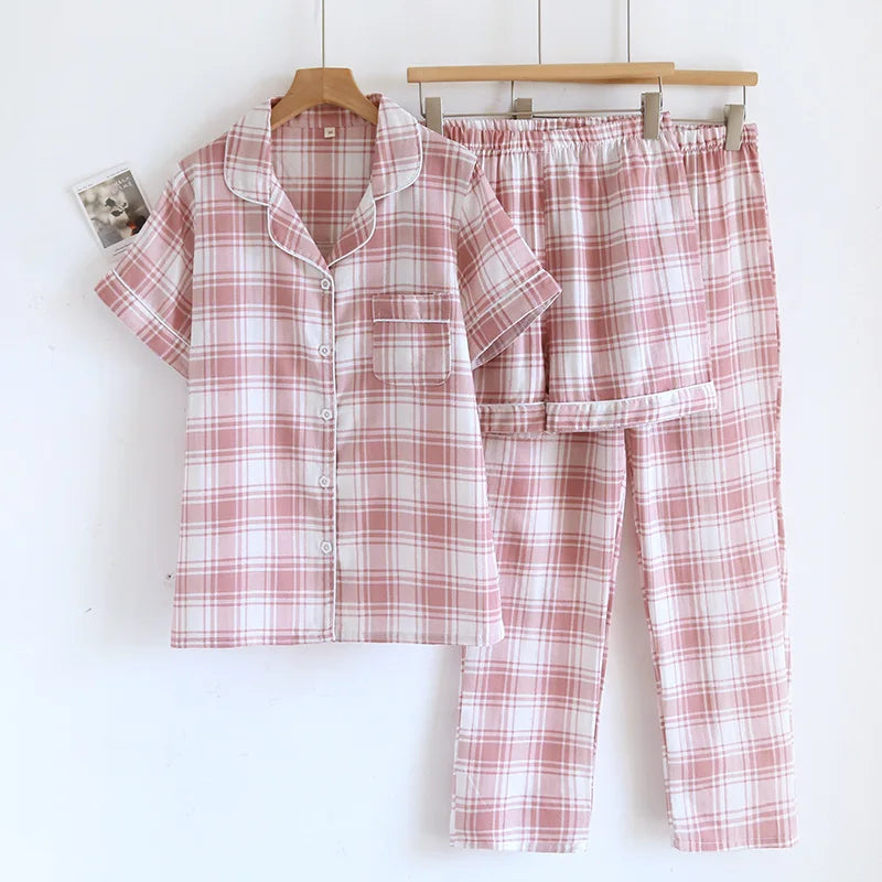 KAELAH Love Checkered Cotton Gauze Thin Short Sleeve+Shorts+Pants Simple
