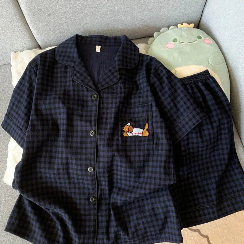KAELAH Embroidery Dog Sweet Fashion Cute Pajamas Set for Women Plaid Lapel