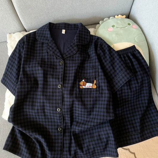 KAELAH Embroidery Dog Sweet Fashion Cute Pajamas Set for Women Plaid Lapel