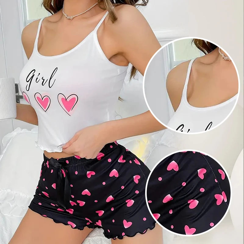 KAELAH Pink Heart Print Milk Pajama Two-Piece Summer Casual Homewear Camisole and Shorts
