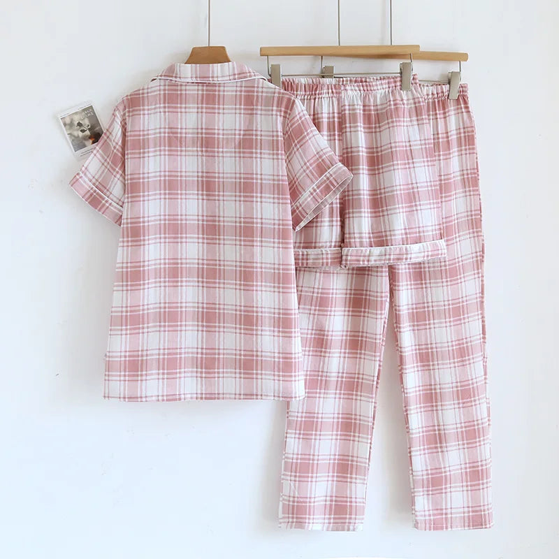 KAELAH Love Checkered Cotton Gauze Thin Short Sleeve+Shorts+Pants Simple