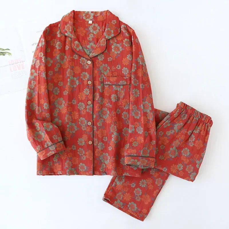 KAELAH new spring and summer women's pajamas suit long-sleeved trousers two-piece crepe flower