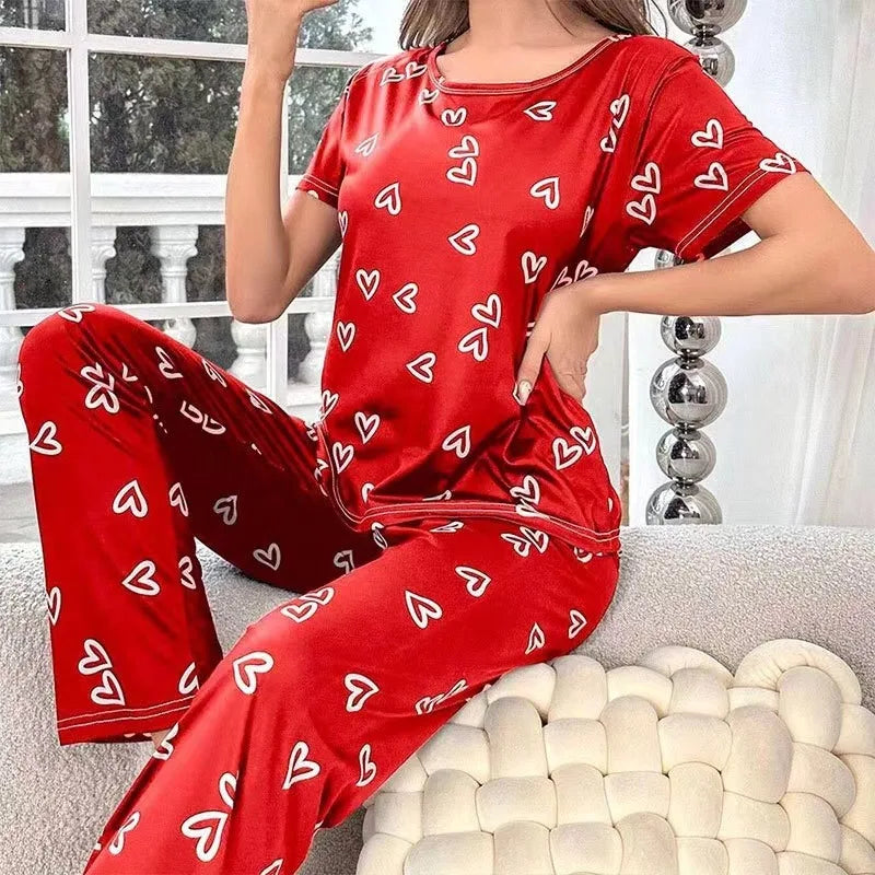 KAELAH Pyjamas Dark Pink Letter Printed Short Sleeved T-shirt and Pants Sleepwear Casual