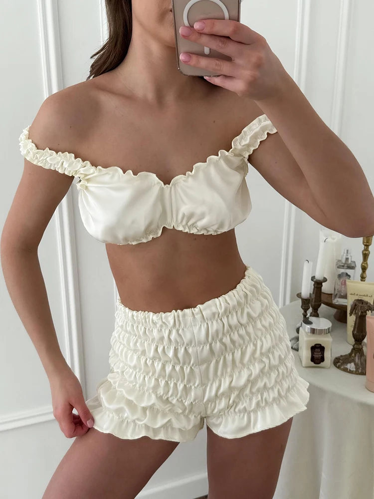 KAELAH Sexy Satin Sleepwear women's pajamas Crop Top Vest With Ruch Elastic Waist