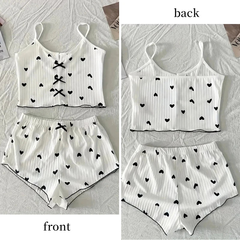 KAELAH Suspender Pajamas with Heart-Shaped Print Two-Piece Set Summer Comfortable