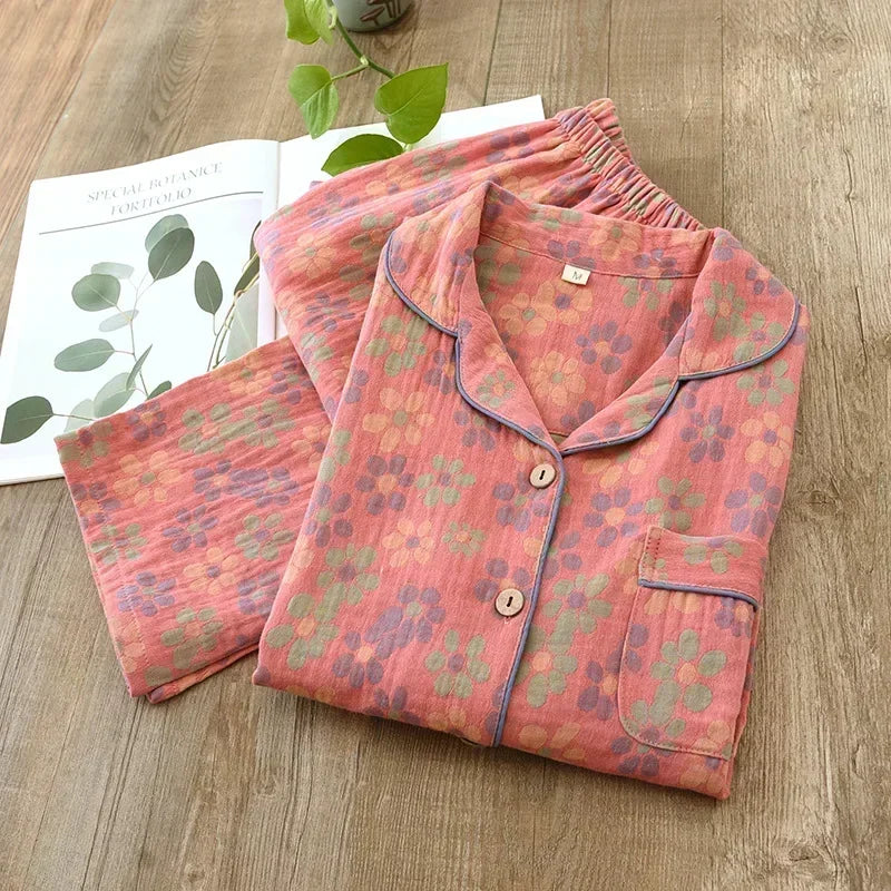 KAELAH new spring and summer women's pajamas suit long-sleeved trousers two-piece crepe flower