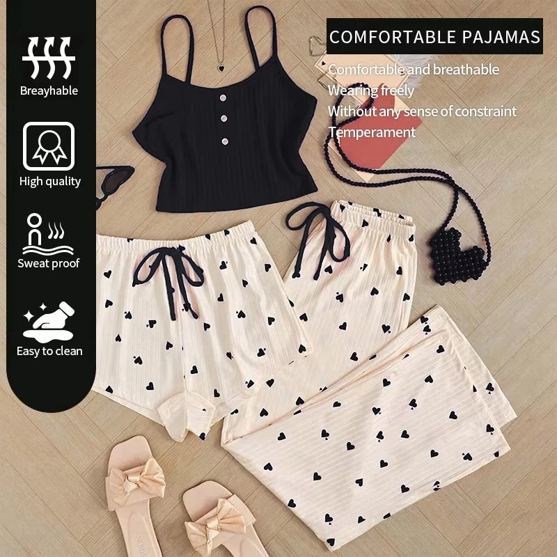 KAELAH Three Piece Women's Heart-Shaped Printed Vest Shorts and Pants