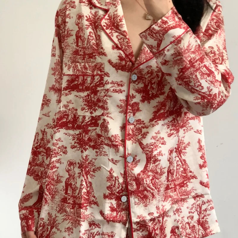 KAELAH Print Flower 2PCS Pajamas Set Women Sleepwear Spring Summer Trouser Suits Lounge Wear