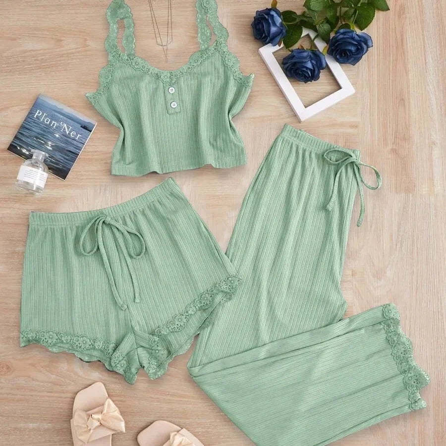 KAELAH Lace Trim Three-Piece Set Slim Fit Home Clothes Nightgown