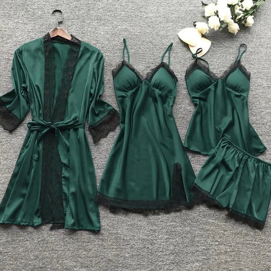 KAELAH 4 Pieces Women's Sexy Lace Pajamas Fashion V-Neck Gown Comfort