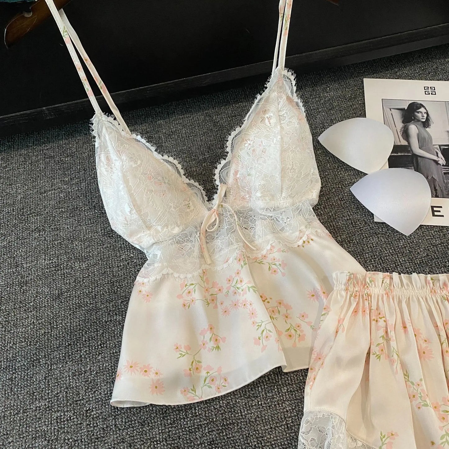 KAELAH Lingerie Two Piece Lace Sleepwear Set Sexy Sleeveless Pijamas Suit Satin