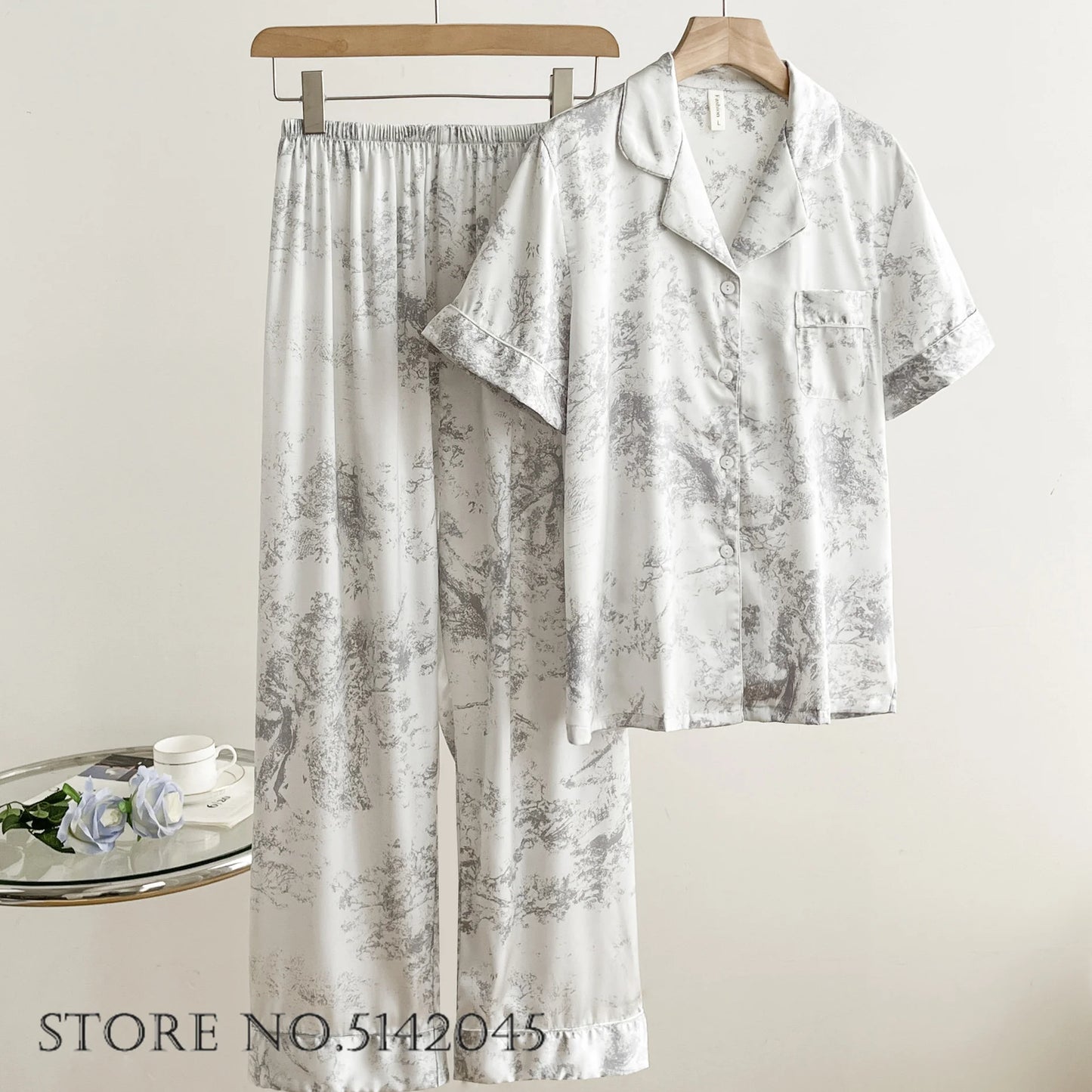 KAELAH Print Flower 2PCS Pajamas Set Women Sleepwear Spring Summer Trouser Suits Lounge Wear