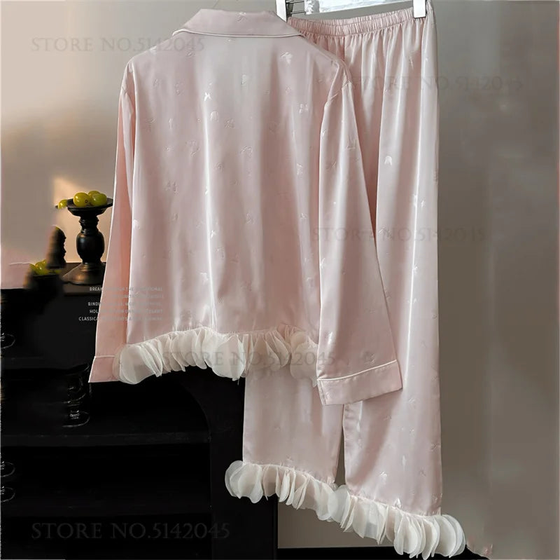 KAELAH Set French Style Ruffled Ice Silk Trouser Pijamas Suit Loungewear