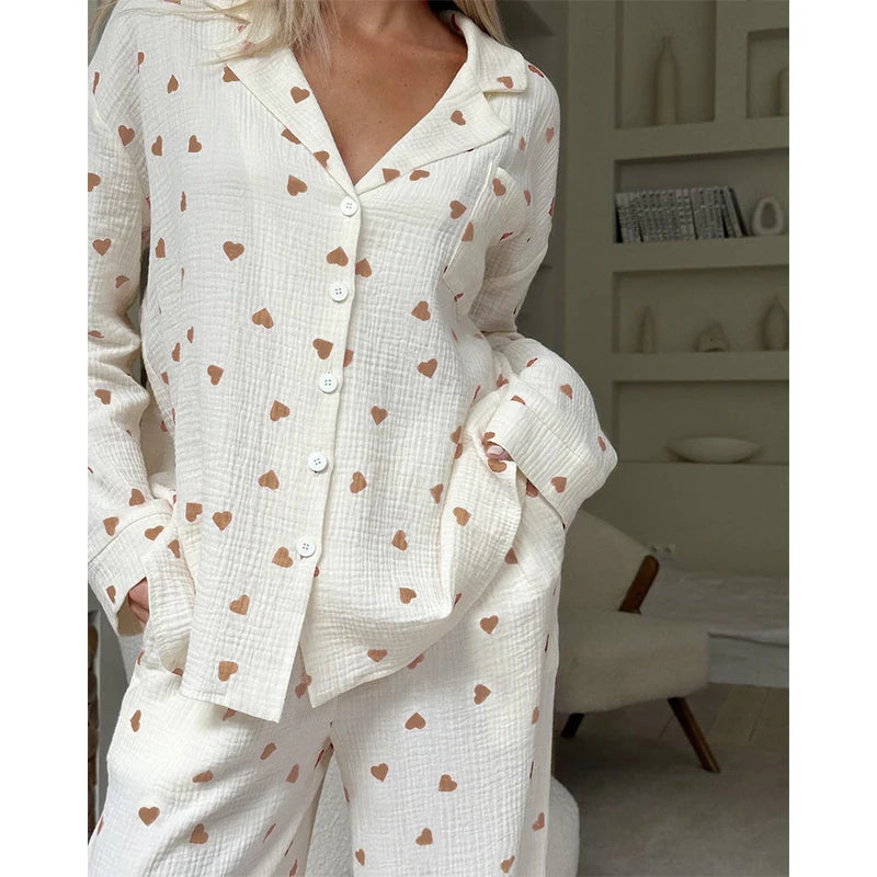 KAELAH New Love Heart Print Pyjama Cotton Long Sleeve Set