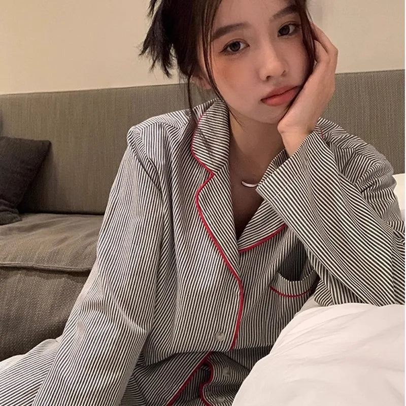 KALEAH  Spring and Summer Long Sleeve Long Pants Two Piece Suit Striped Nightwear