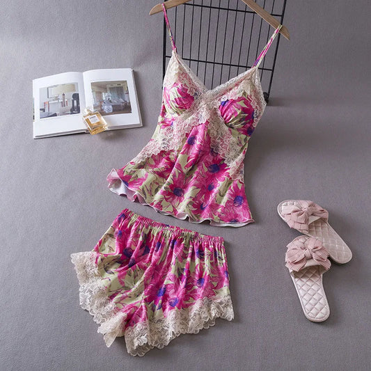 KAELAH Lisacmvpnel Ice Silk With Chest Pad 2 Pcs Set Pajamas