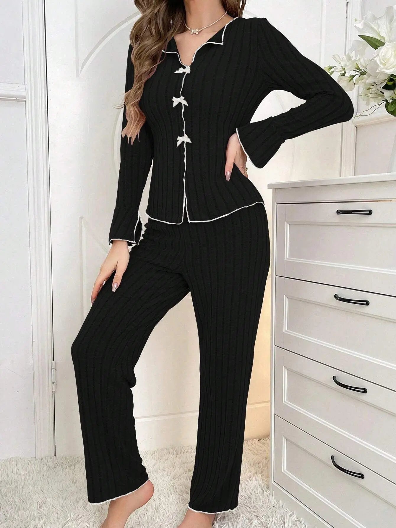 KAELAH Autumn and Winter Pure Color Elegant Bow Women's Simple Long-Sleeved Pants Pajama Set