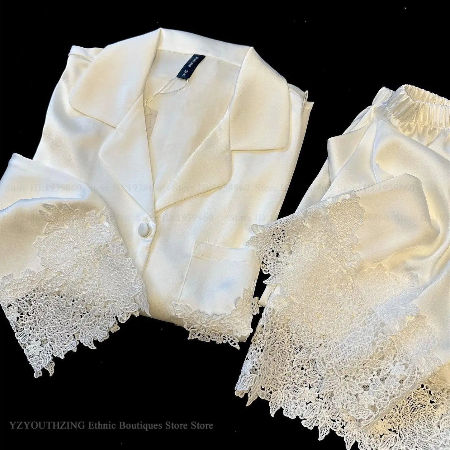 KAELAH Set White Satin Lace Trim Bride Wedding Sleepwear Homewear
