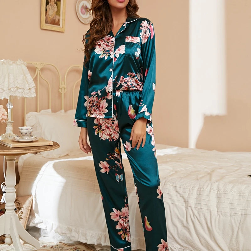 KAELAH Satin Floral Pajama Casual Sleepwear Home Clothes Suit Long Sleeve Button Up