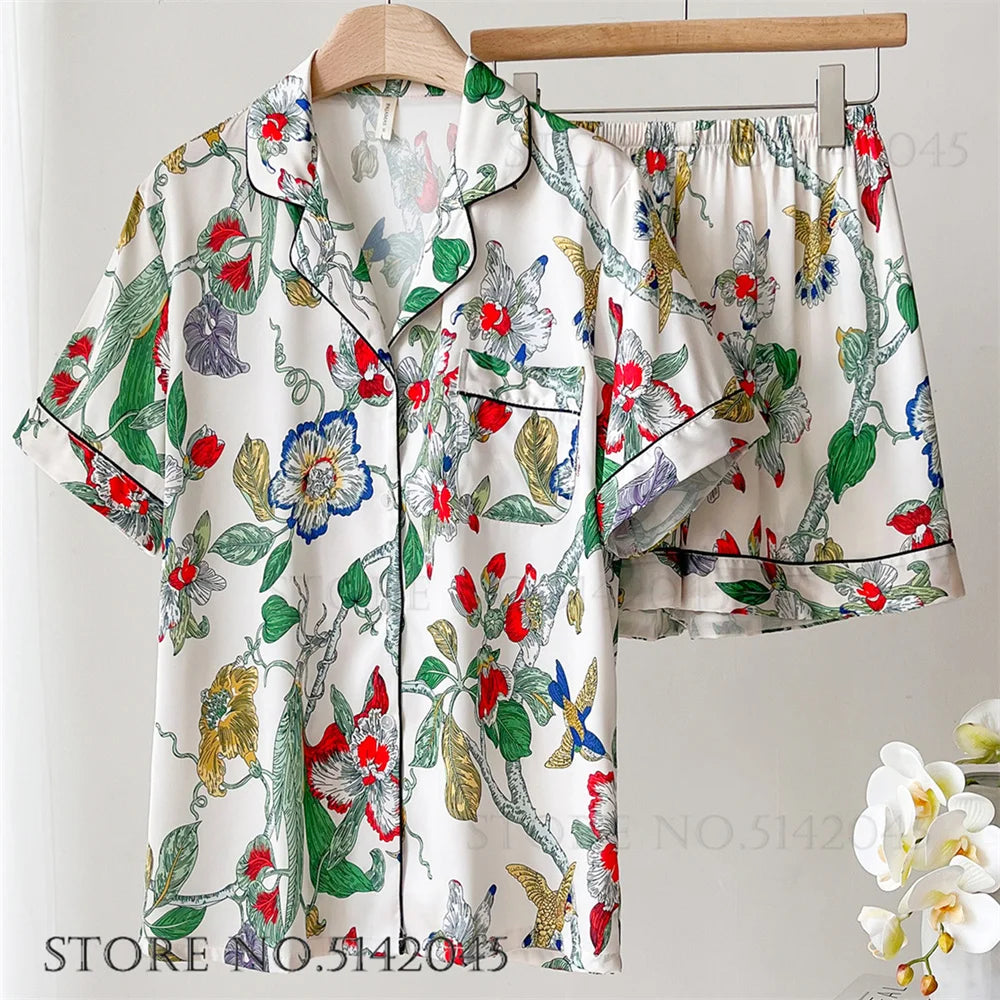 KAELAH Print Flower 2PCS Pajamas Set Women Sleepwear Spring Summer Trouser Suits Lounge Wear