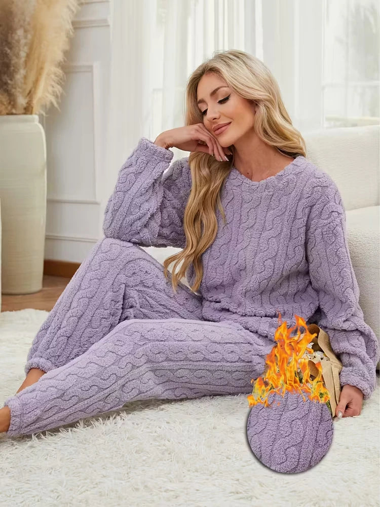 KAELAH Two-Piece Pajama Set with Fleece Lining, Thick Coral Velvet Home Wear