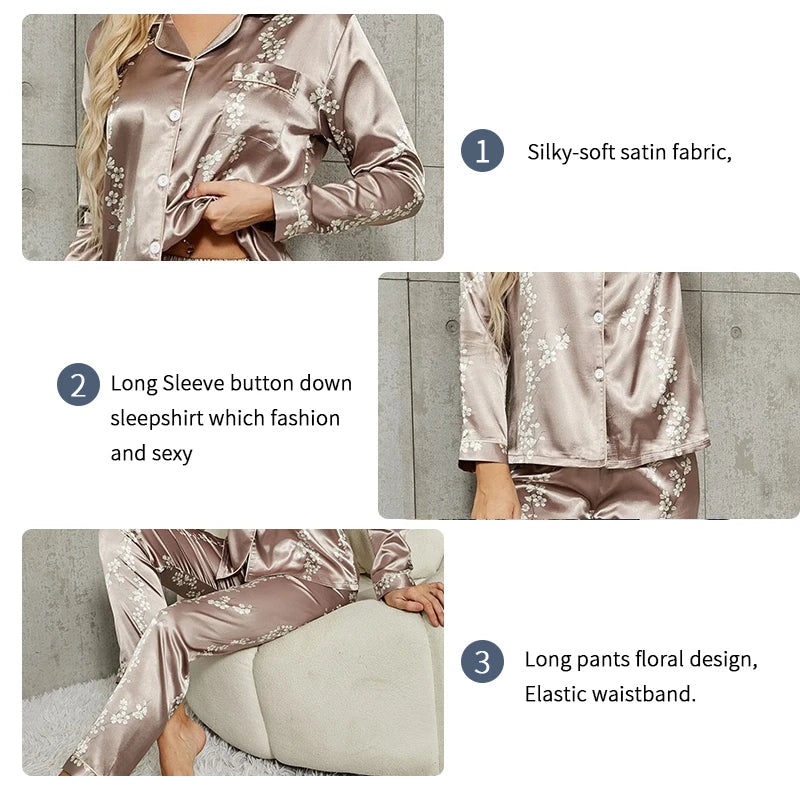 KAELAH Set Flowers Sleeve Sleepwear Women Button Down Nightwear Pj Sets Print