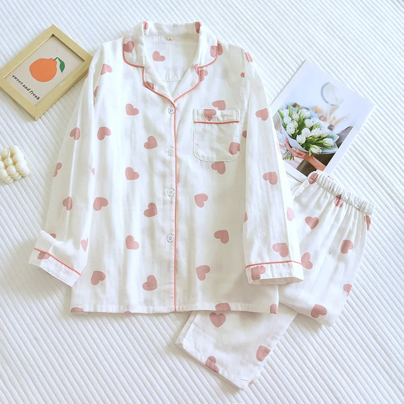 KAELAH Love Heart Print Sweet Sleepwear Spring Autumn Nightwear
