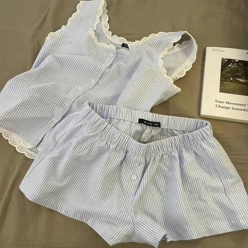 KAELAH Striped Women Pajamas Summer Sleepwear Sleeveless Shorts Sets 2 Pieces Lace