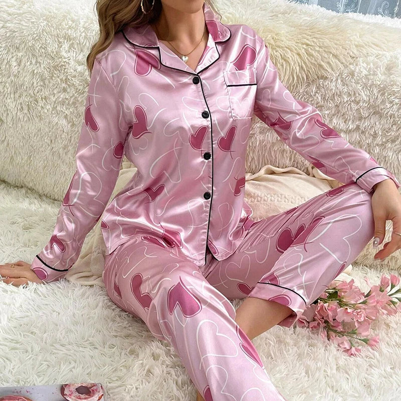 KAELAH Satin Floral Pajama Casual Sleepwear Home Clothes Suit Long Sleeve Button Up