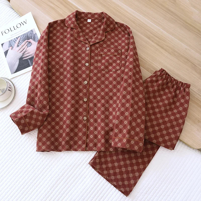 KAELAH new spring and summer women's pajamas suit long-sleeved trousers two-piece crepe flower