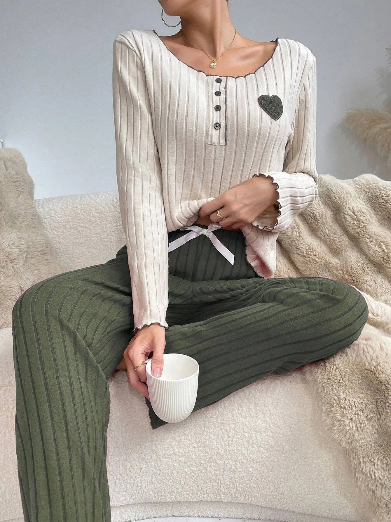 KAELAH Top Heart Print Sleepwear Casual Long Sleeve Set Homewear