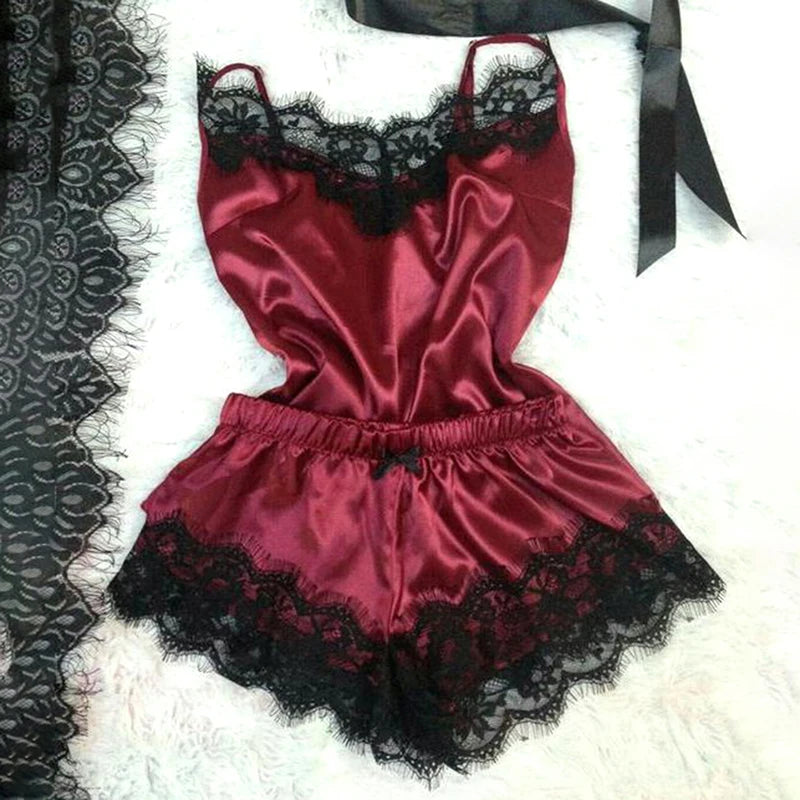 KAELAH Lace Satin Pajama Set for Women Sleepwear V-Neck Stretch Sexy Lingerie Strap Vest