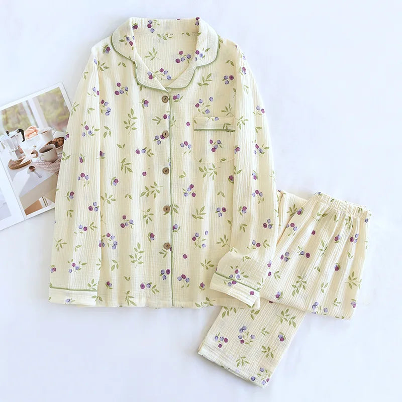 KAELAH Sweet Fury and Autumn Women's Pajama Set Cotton Crepe Long
