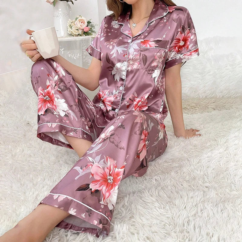 KAELAH Satin Floral Pajama Casual Sleepwear Home Clothes Suit Long Sleeve Button Up