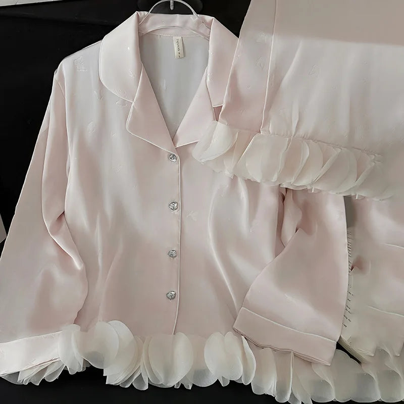 KAELAH Set French Style Ruffled Ice Silk Trouser Pijamas Suit Loungewear