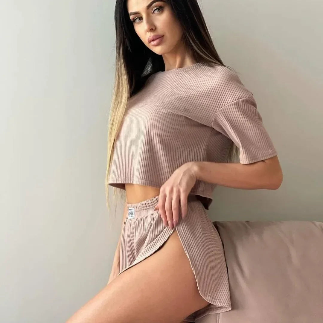 KAELAH Solid Pajamas Set Short Sleeve T-Shirt And Shorts Sleepwear 2 Piece Set
