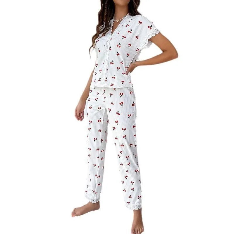 KAELAH Cherry Collar Lace Printed Shirt Trousers Homewear