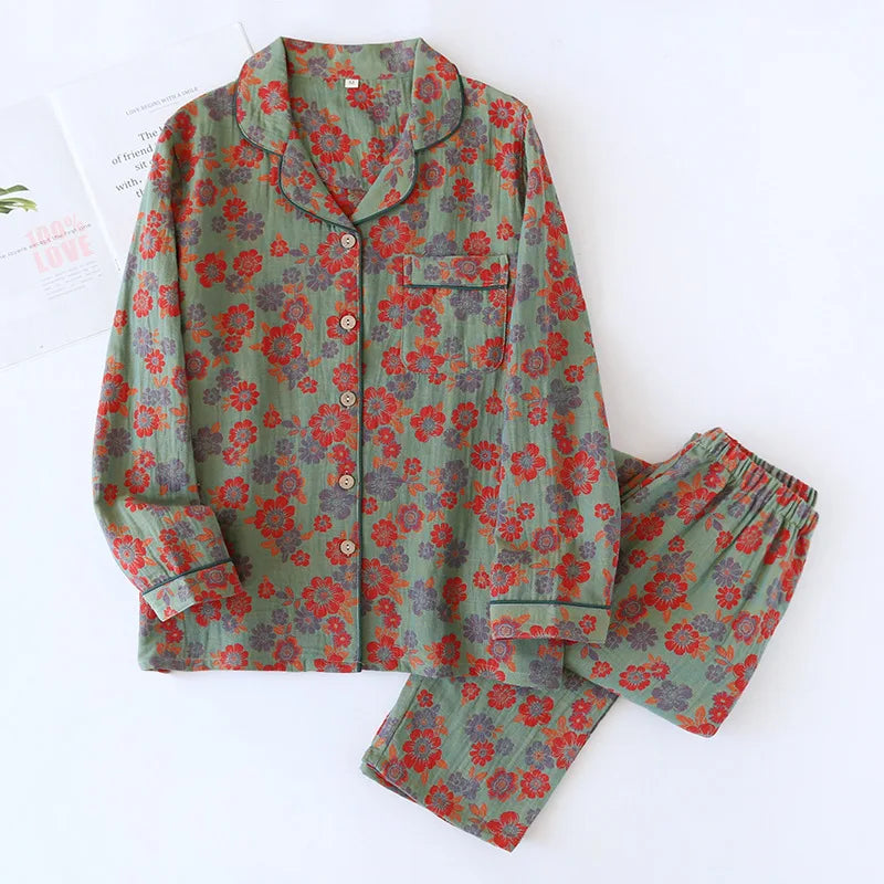 KAELAH new spring and summer women's pajamas suit long-sleeved trousers two-piece crepe flower
