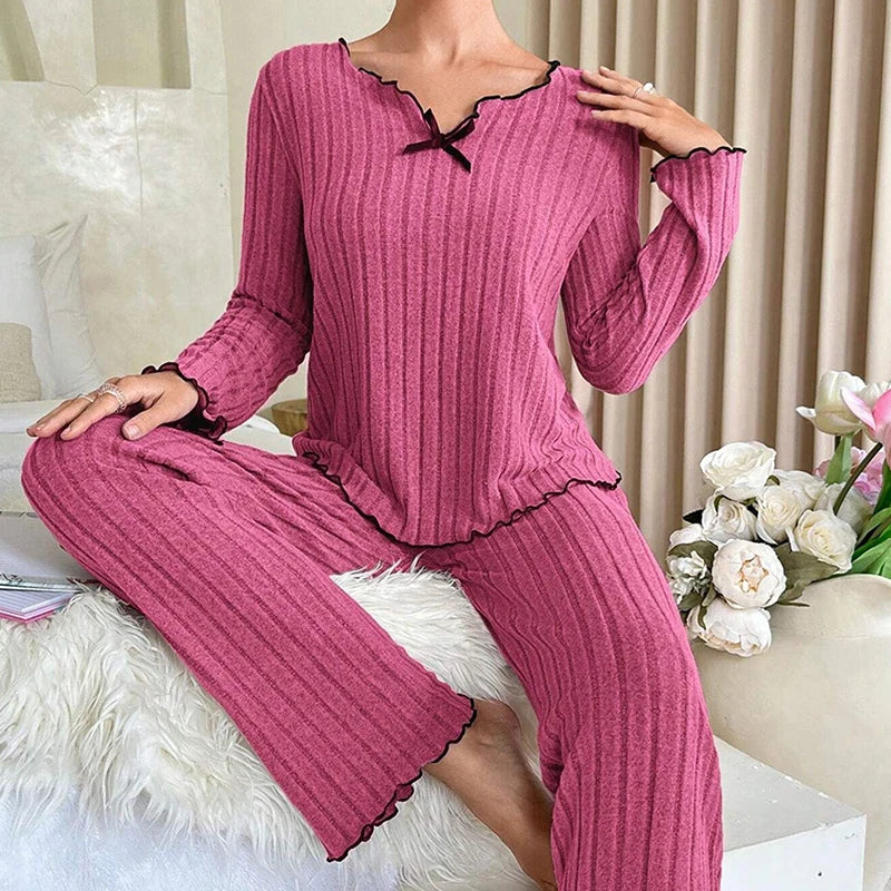 KAELAH Feminine Autumn Winter Sleepwear Ribbed Pajamas Set Long Sleeve Top