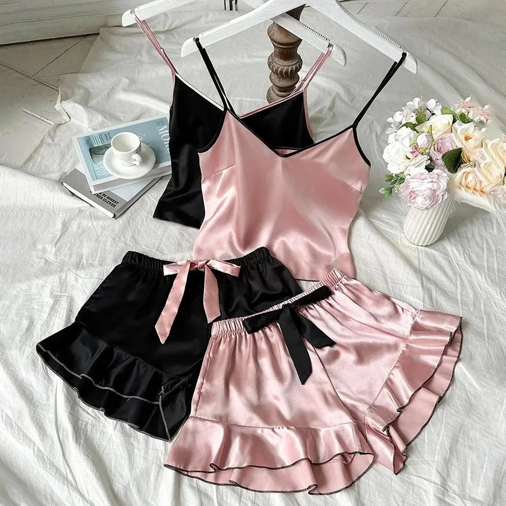 KAELAH Smooth Satin Pajamas V-Neck Top Ruffled Edges and Bow Shorts Simple and Breathable Set
