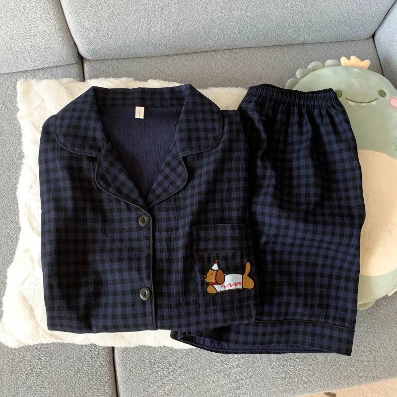 KAELAH Embroidery Dog Sweet Fashion Cute Pajamas Set for Women Plaid Lapel
